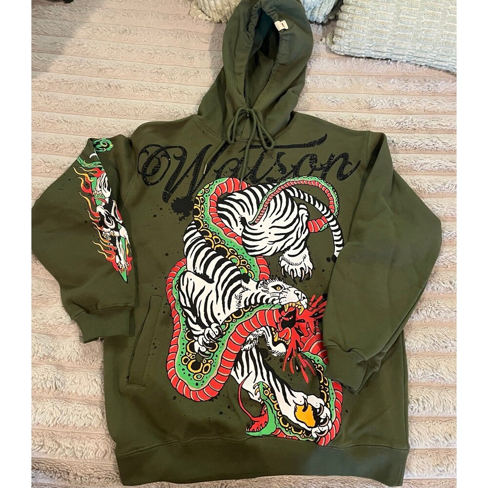 Watson Premium Tiger Snake Graphic Hoodie Olive Green Men’s Small NWT